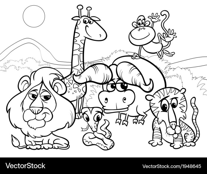 Animal cartoon characters in classroom coloring pages